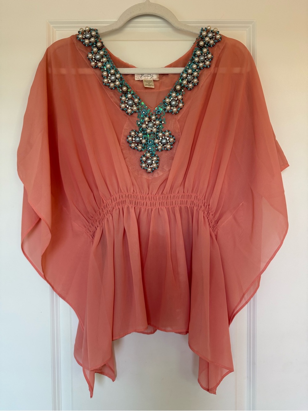 NWOT Spool 72 Embellished Sequin V-Neck Coral Chiffon Kaftan Style Blouse Swim